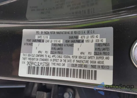 2020 Mazda Mazda3 Select Package z USA, uszkodzony, nr VIN 3MZBPACL9LM127098